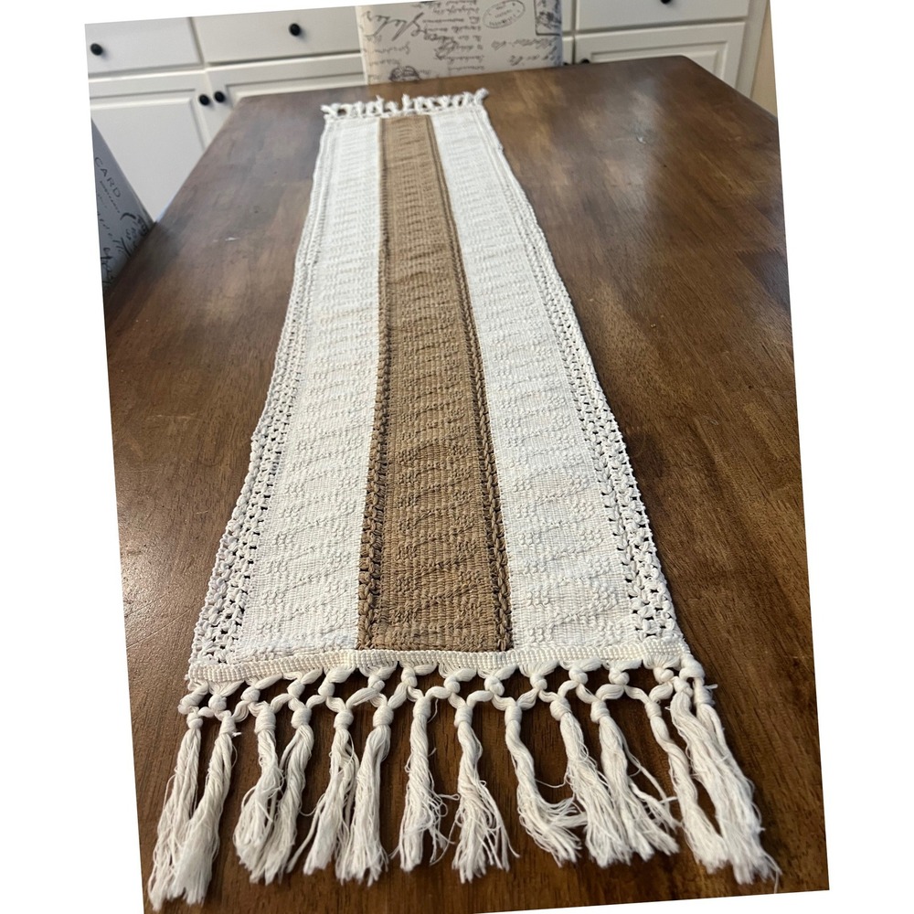 Boho Macrame Table Runner Cream Tan Diamond Woven Textured Fringe 11x58